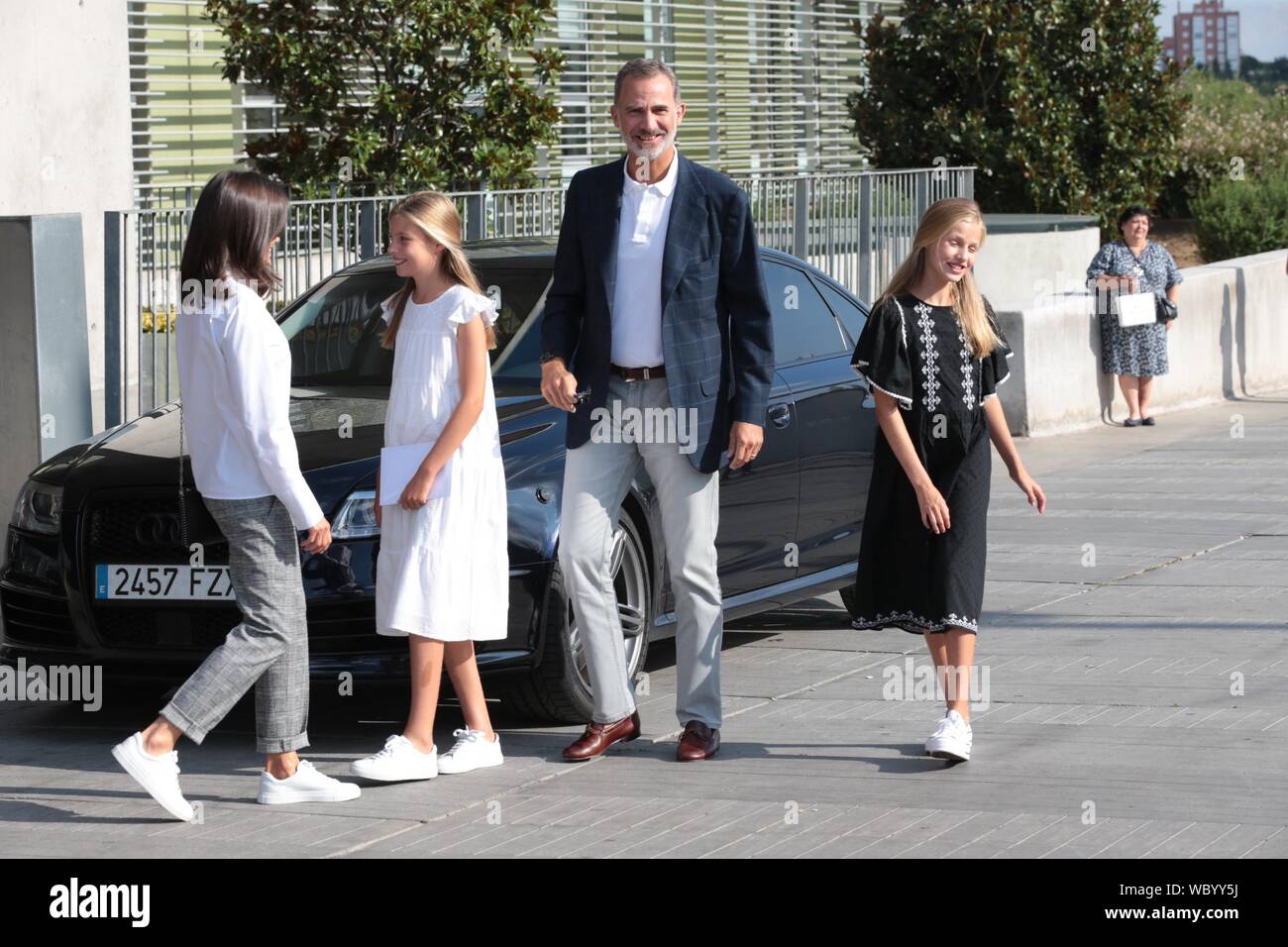 Madrid, Spain. 27th Aug, 2019. Madrid Spain; 08/27/2019.- Felipe VI and Letizia Kings of Spain accompanied by their daughters Princess Leonor and the Infanta Sofia arrive at the hospital to visit King Juan Carlos I, who is recovering from an open heart operation. Credit: dpa picture alliance/Alamy Live News Stock Photo
