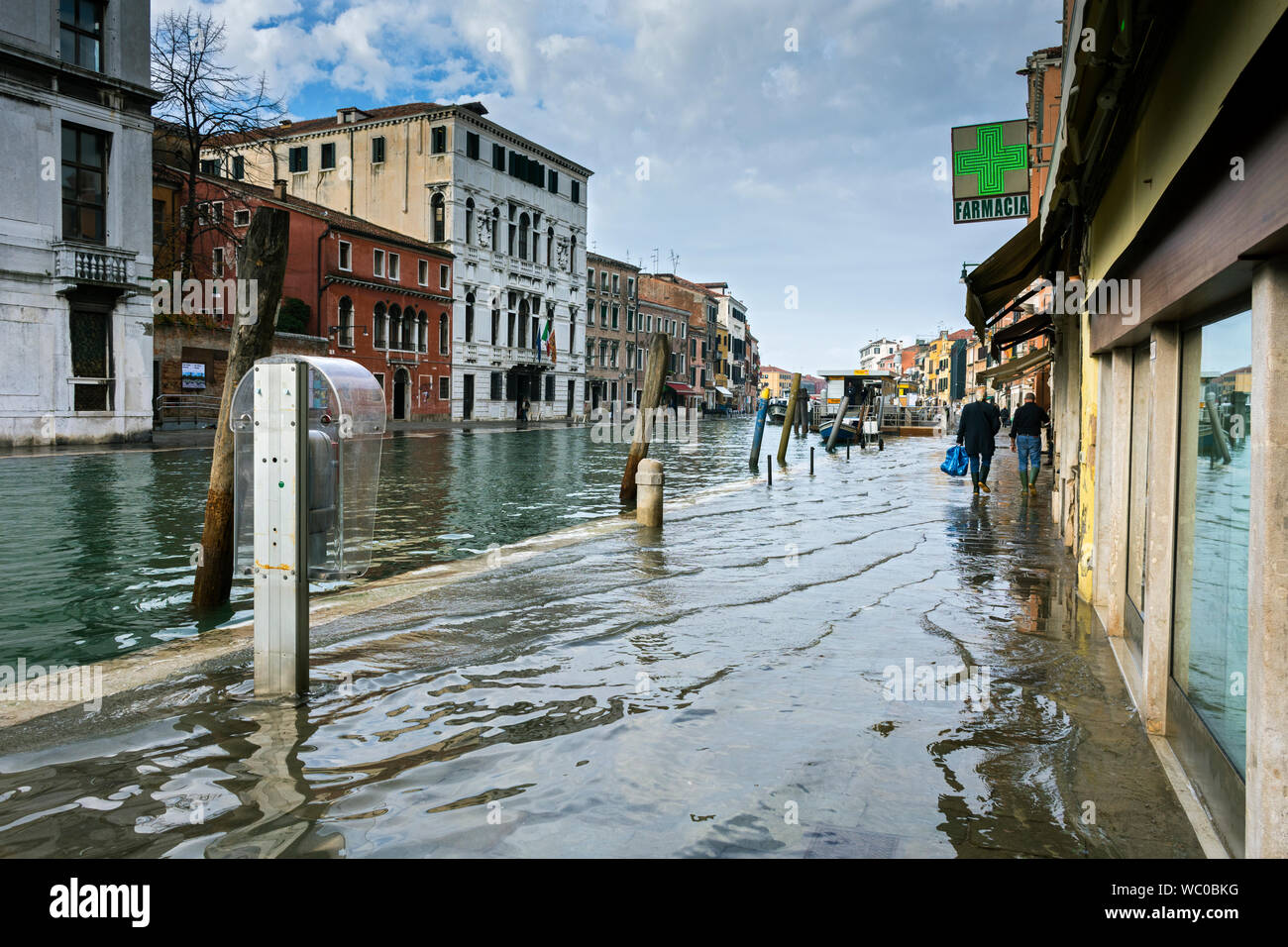 The Fondamenta Cannaregio, by the Canale di Cannaregio, flooded during an acqua alta (high water) event, Venice, Italy Stock Photo