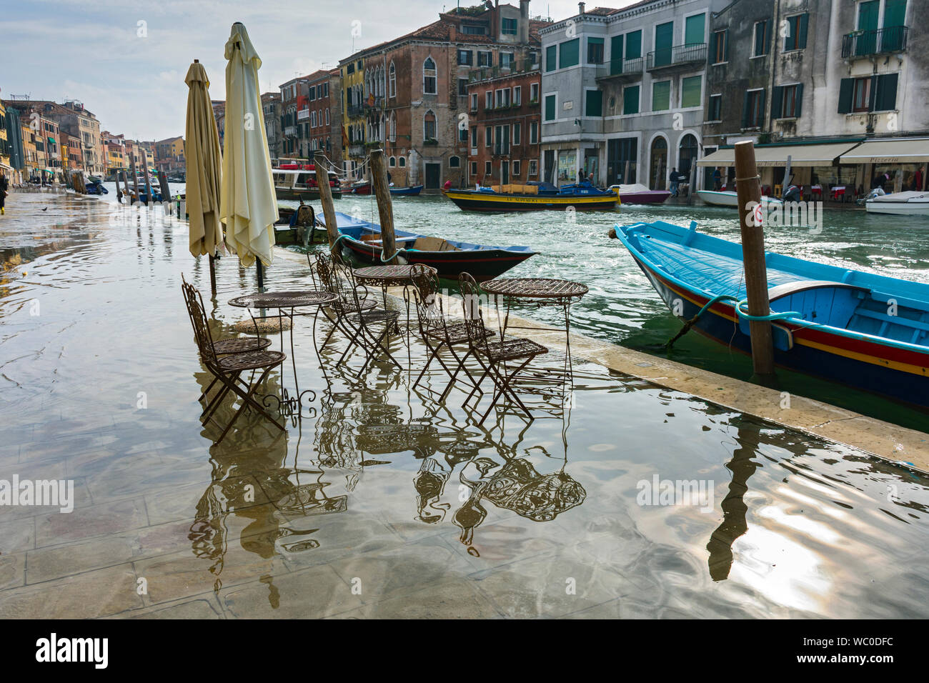 The Fondamenta Cannaregio, by the Canale di Cannaregio, flooded during an acqua alta (high water) event, Venice, Italy Stock Photo