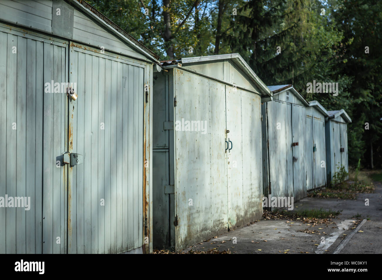 Abandoned old garages with locked doors Stock Photo