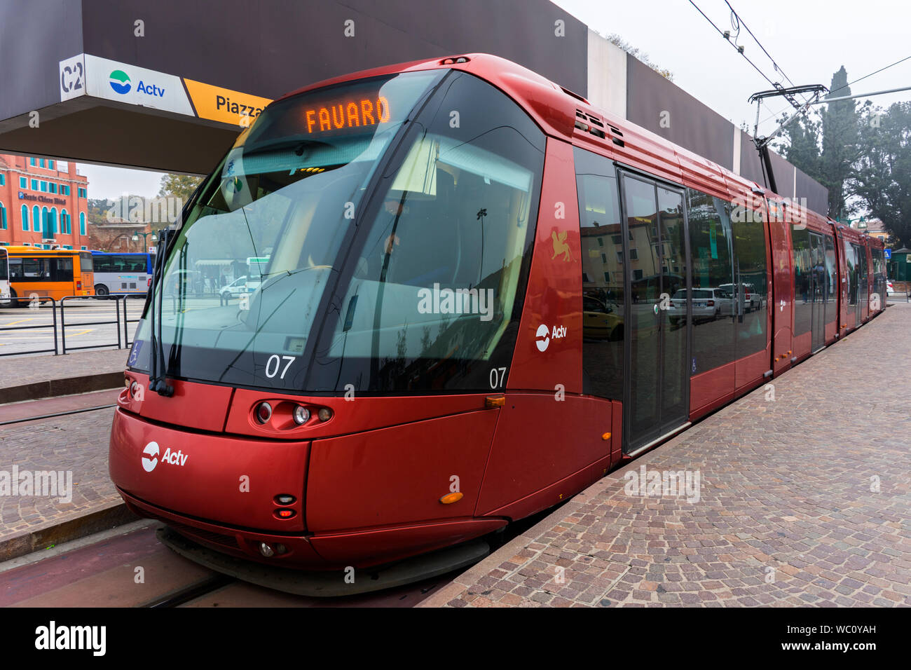 A Translohr rubber-tyred tram at Piazzale Roma (the main bus station), Venice, Italy Stock Photo
