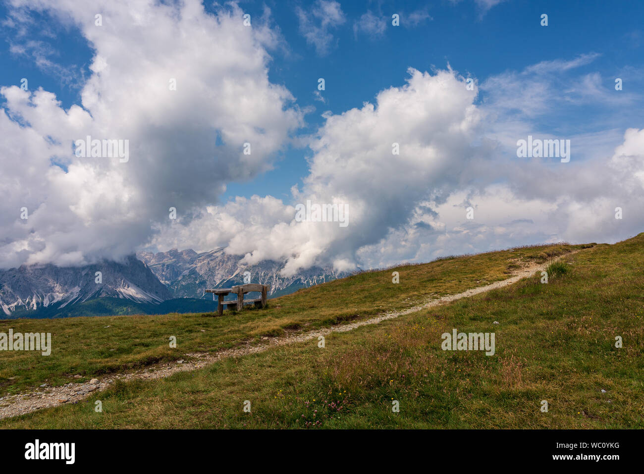 A bench in the meadow in mountains, South Tyrol. Stock Photo