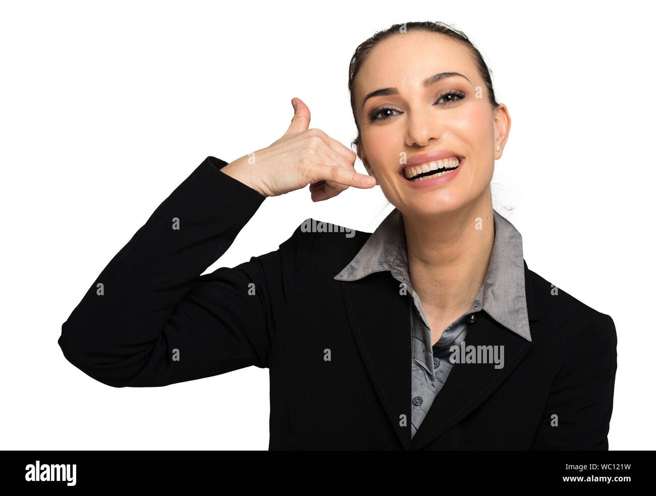 Contact us concept, woman making the sign of a phone call Stock Photo