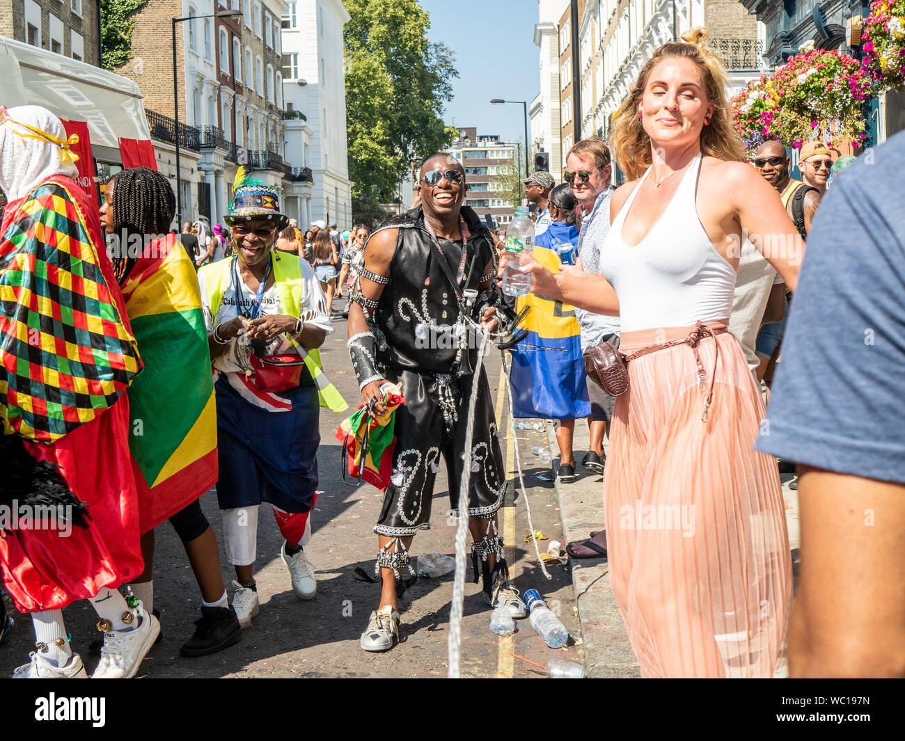 Joy and dancing at Notting Hill Carnival London. Stock Photo