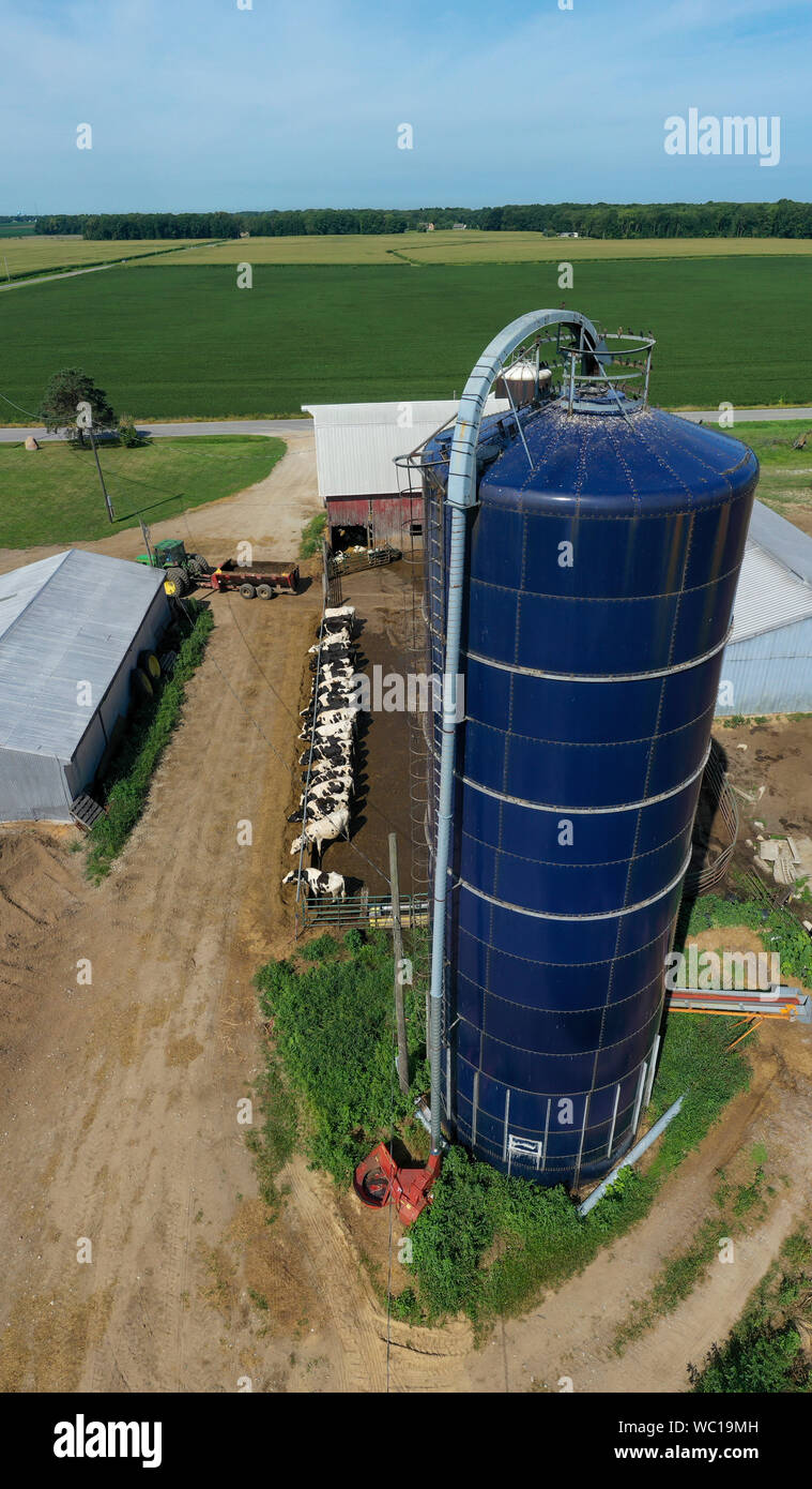 Three Oaks, Michigan - A blue Harvestore silo on a small, third generation dairy farm. Stock Photo