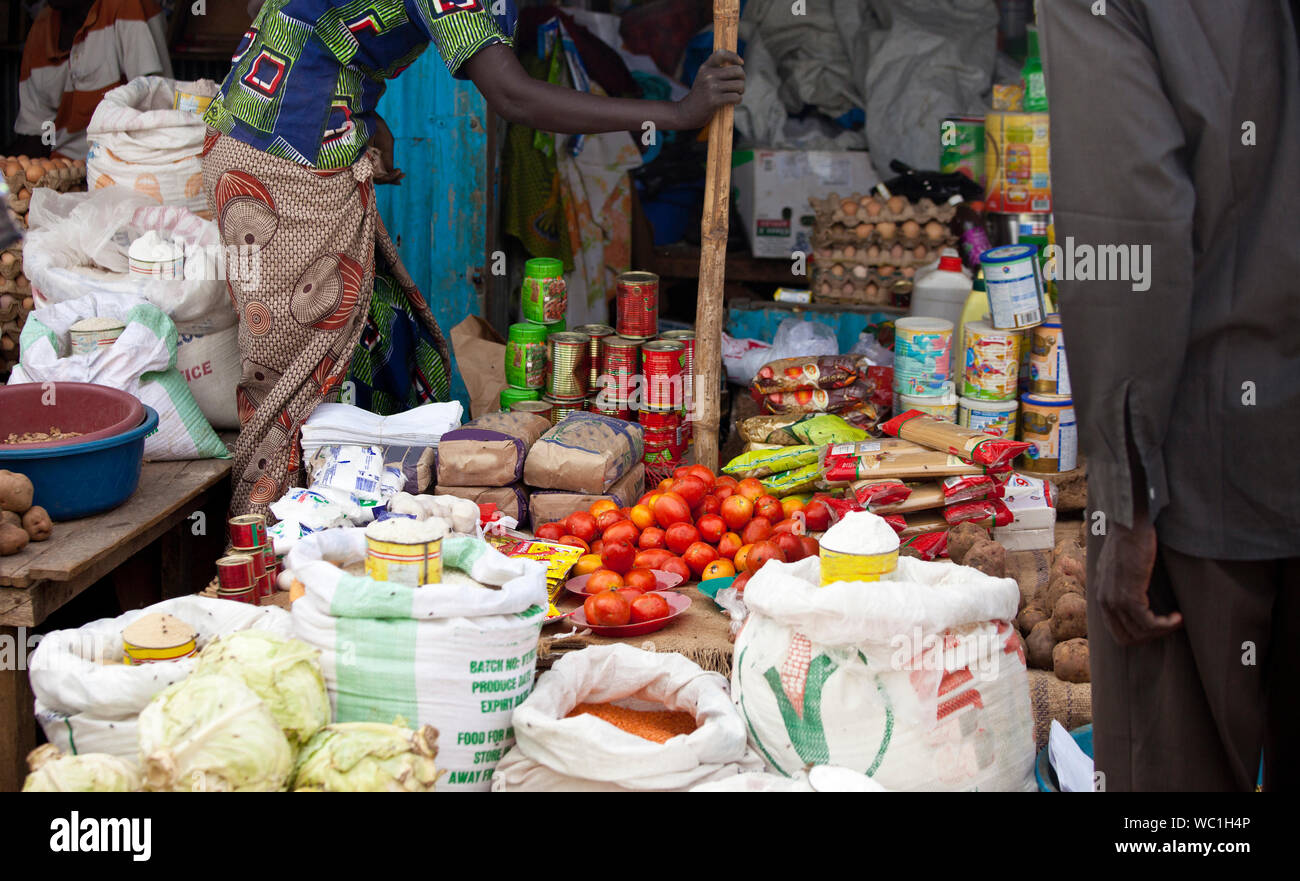 Outdoor market in South Sudan, food logos have been cloned out Stock