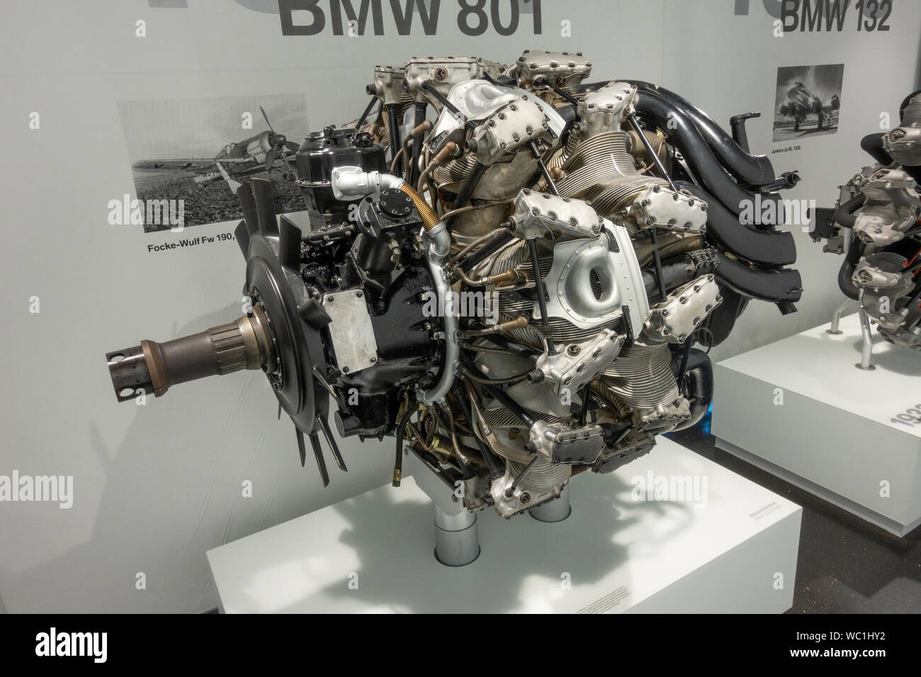A BMW 801 air-cooled 14-cylinder-radial aircraft engine, as used by the German Luftwaffe on a Focke-Wulf Fw 190, BMW Museum, Munich, Bavaria, Germany. Stock Photo