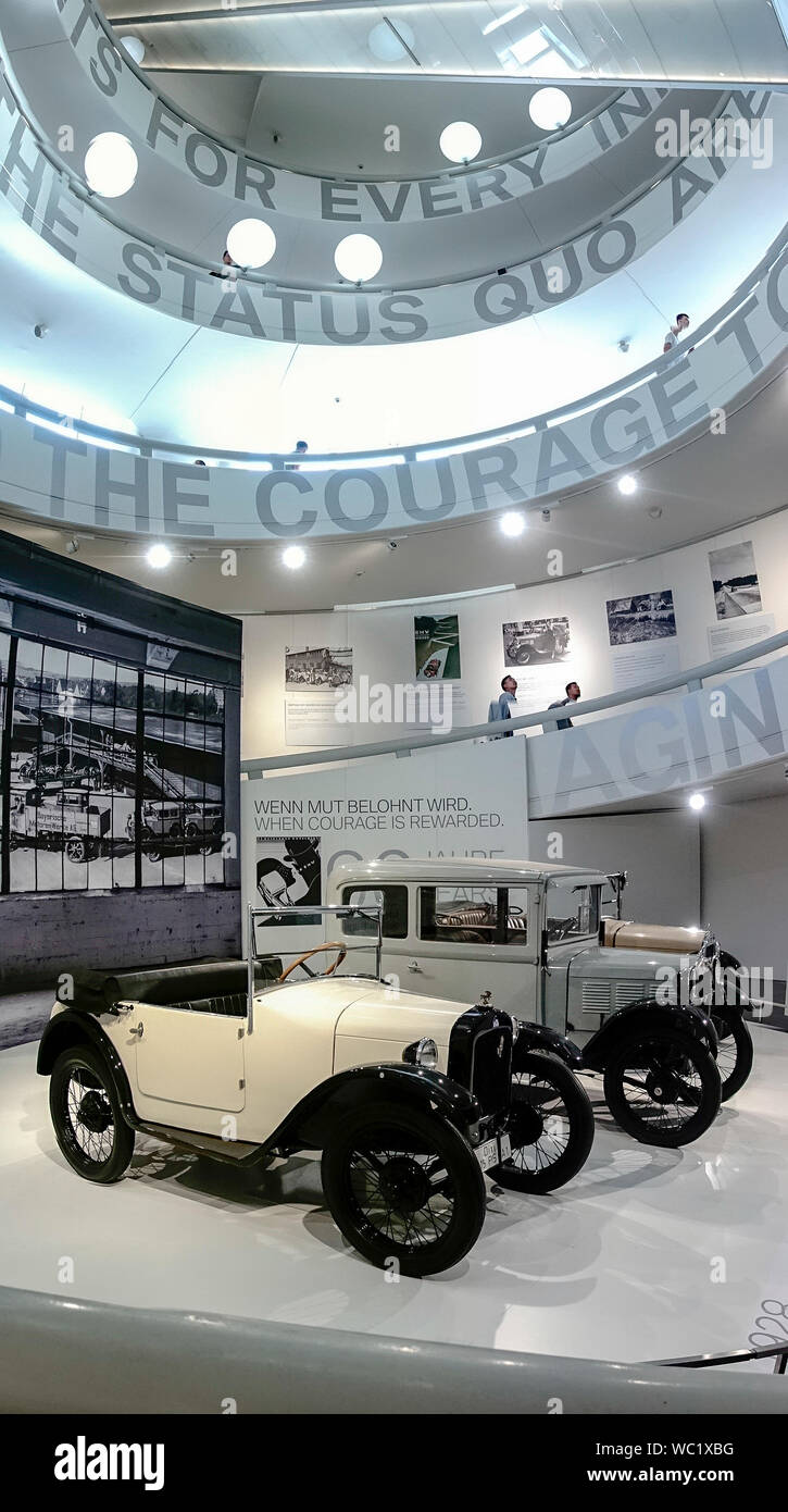 the 90 Years of BMW Automobiles display, BMW Museum, Munich, Bavaria, Germany. Stock Photo