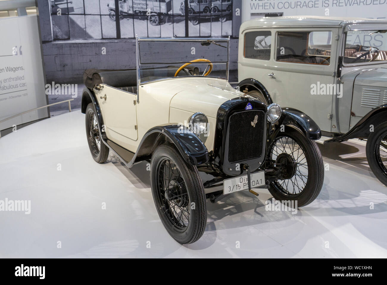 A BMW Dixi 3/15 PS DA 1 (1928), part of the 90 Years of BMW Automobiles display, BMW Museum, Munich, Bavaria, Germany. Stock Photo