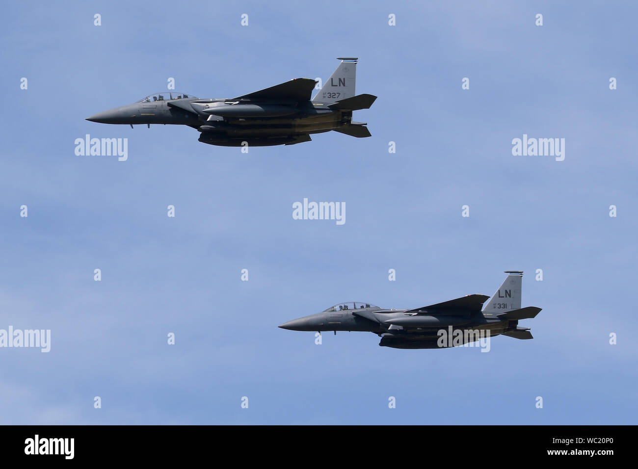 A pair of F-15E Strike Eagles from the 48th FW with a flypast at the 2019 Wattisham airfield families day. Stock Photo