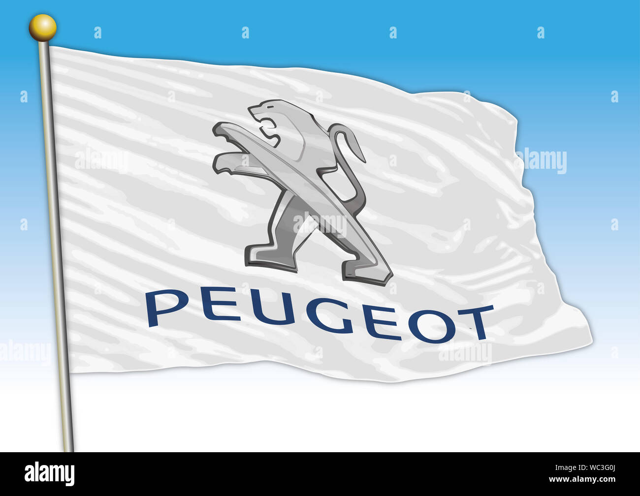 Peugeot PSA car industry, flag with logo, illustration Stock Photo