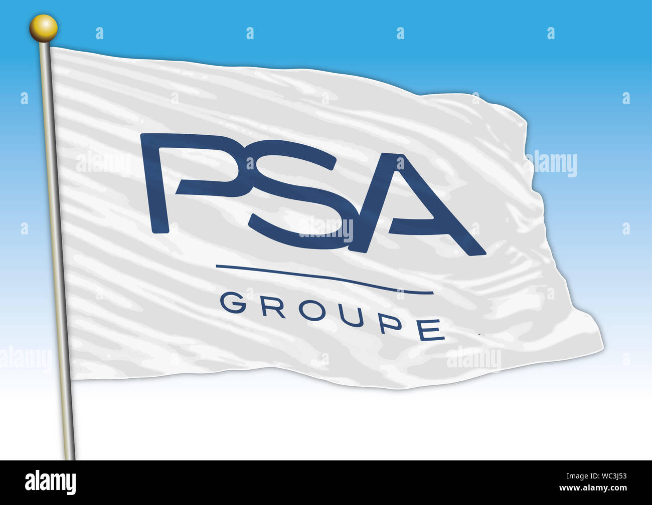 Peugeot PSA car industry, flag with logo, illustration Stock Photo