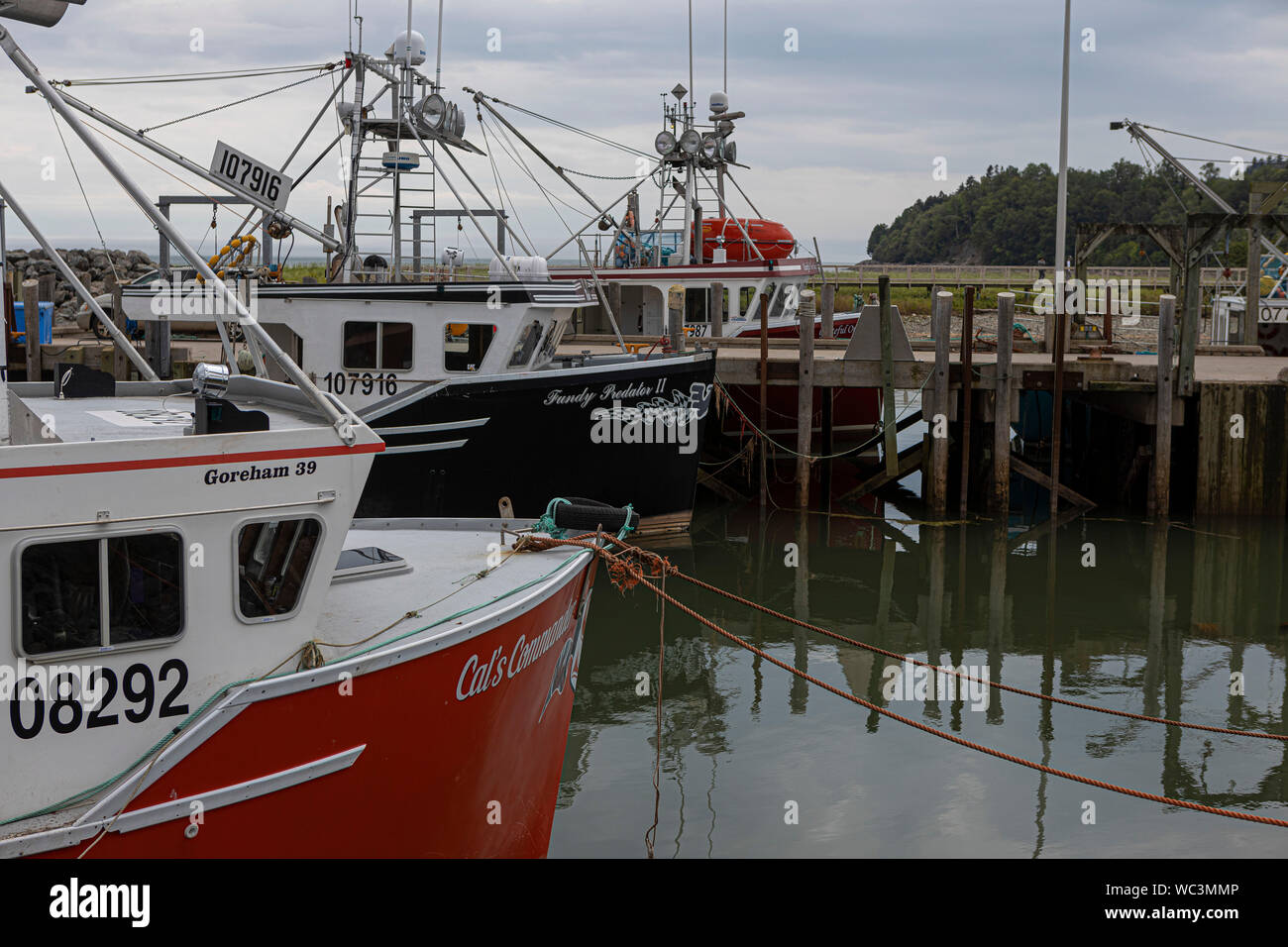 Small fishing vessels are seen in the marina of Alma, New Brunswick, Monday August 19, 2019. Stock Photo
