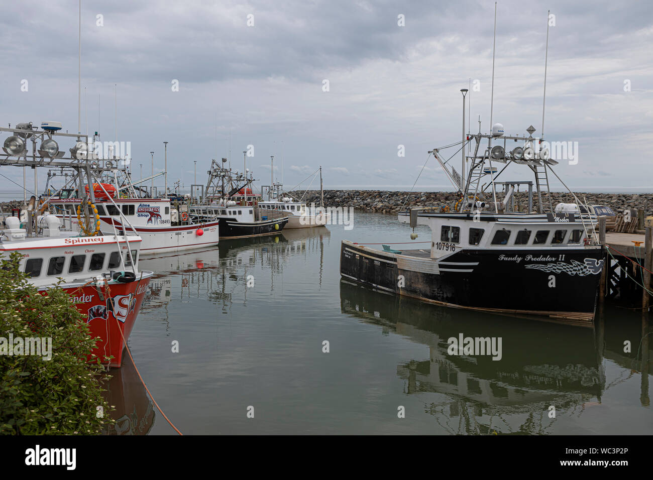 Small fishing vessels are seen in the marina of Alma, New Brunswick, Monday August 19, 2019. Stock Photo