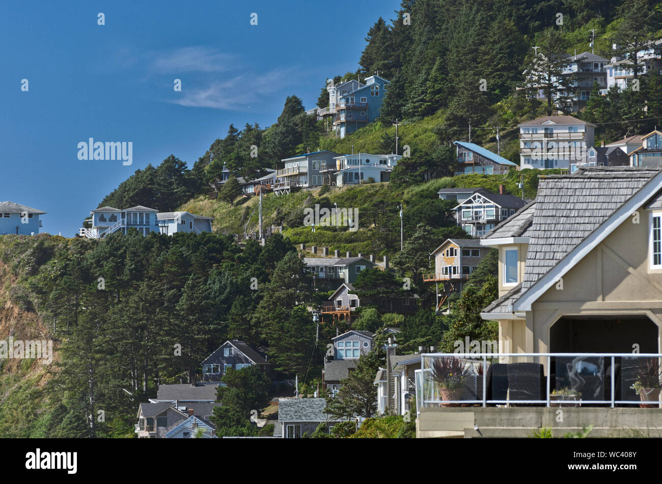 The clifftop beach town of Oceanside, Oregon, on Netarts Bay, near