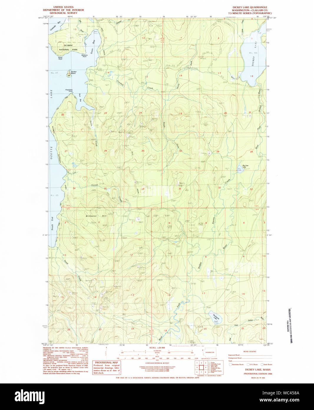 USGS Topo Map Washington State WA Dickey Lake 240858 1984 24000 Restoration Stock Photo