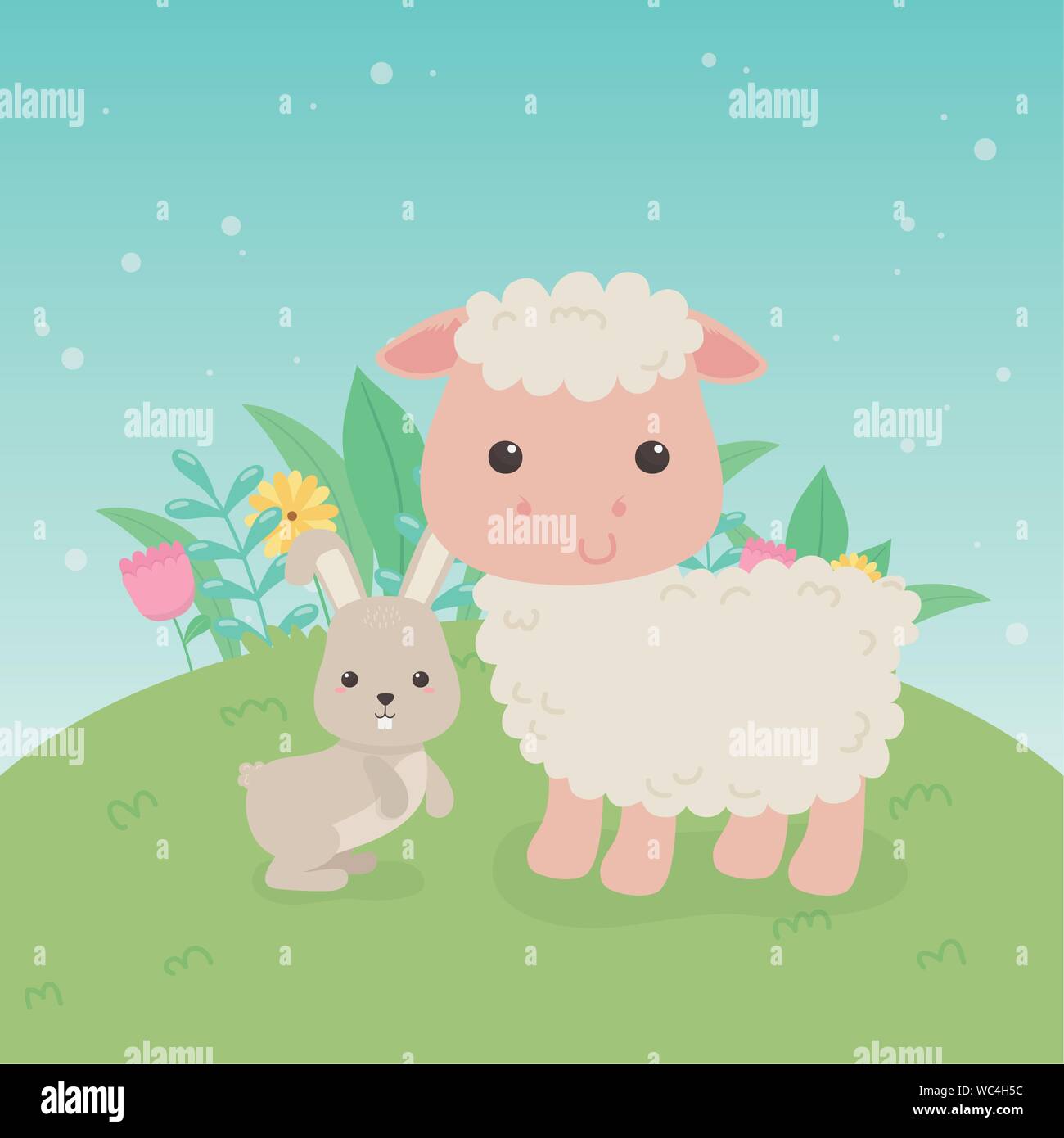 cute sheep and rabbit animals farm characters vector illustration ...