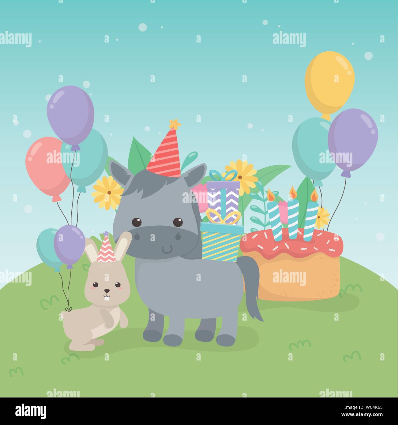 Hors With Rabbit cute hors and rabbit in birthday party scene vector illustration design ...