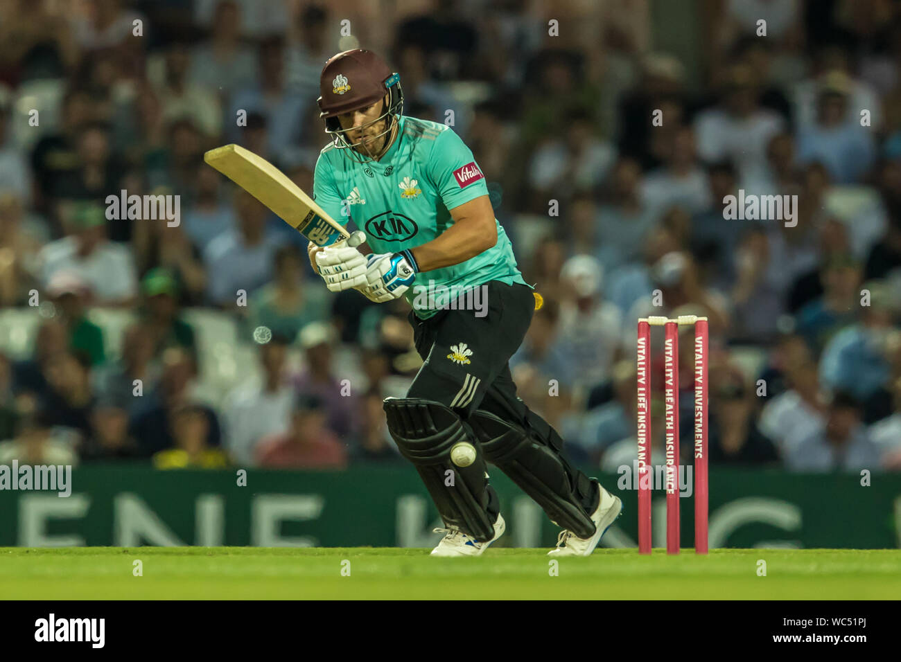 London, UK. 27 August, 2019. Aaron Finch batting for Surrey against Somerset in the Vitality T20 Blast match at the Kia Oval. David Rowe/Alamy Live News Stock Photo