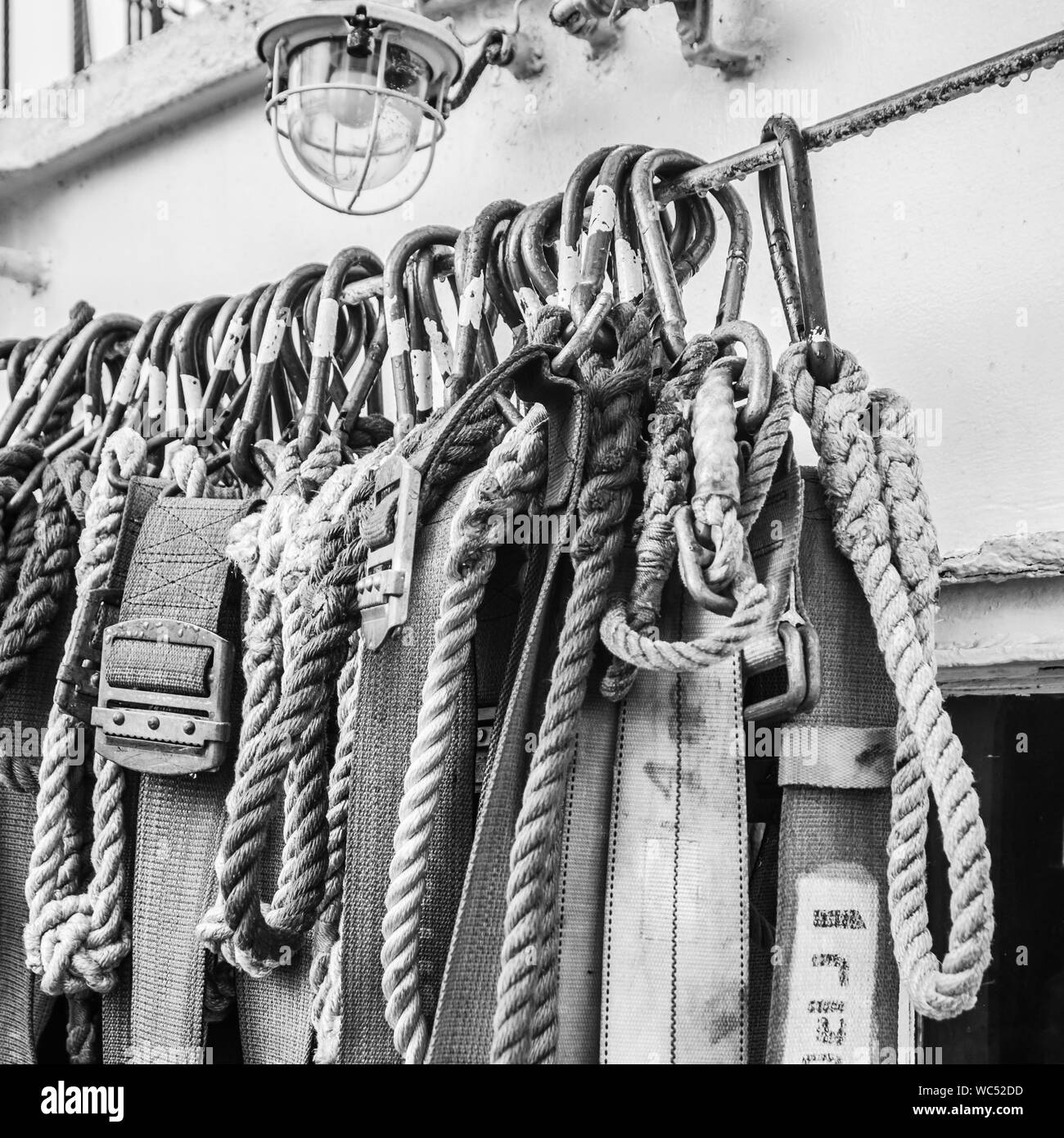 Safety belts on a sailboat, close-up. Black and white photo Stock Photo