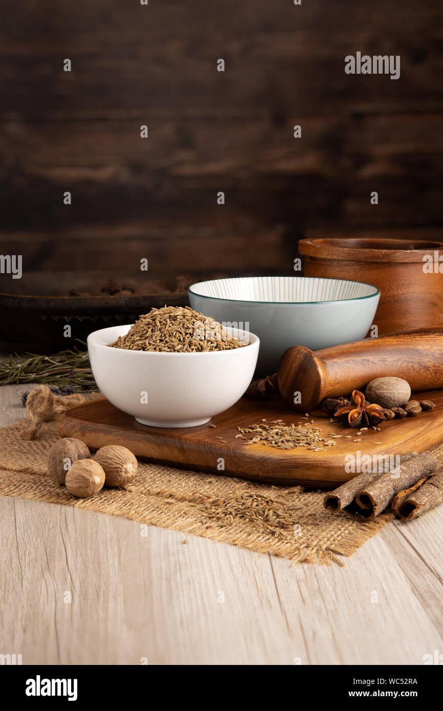 Dried Cumin Seeds in a bowl and food preparation and kitchen setting