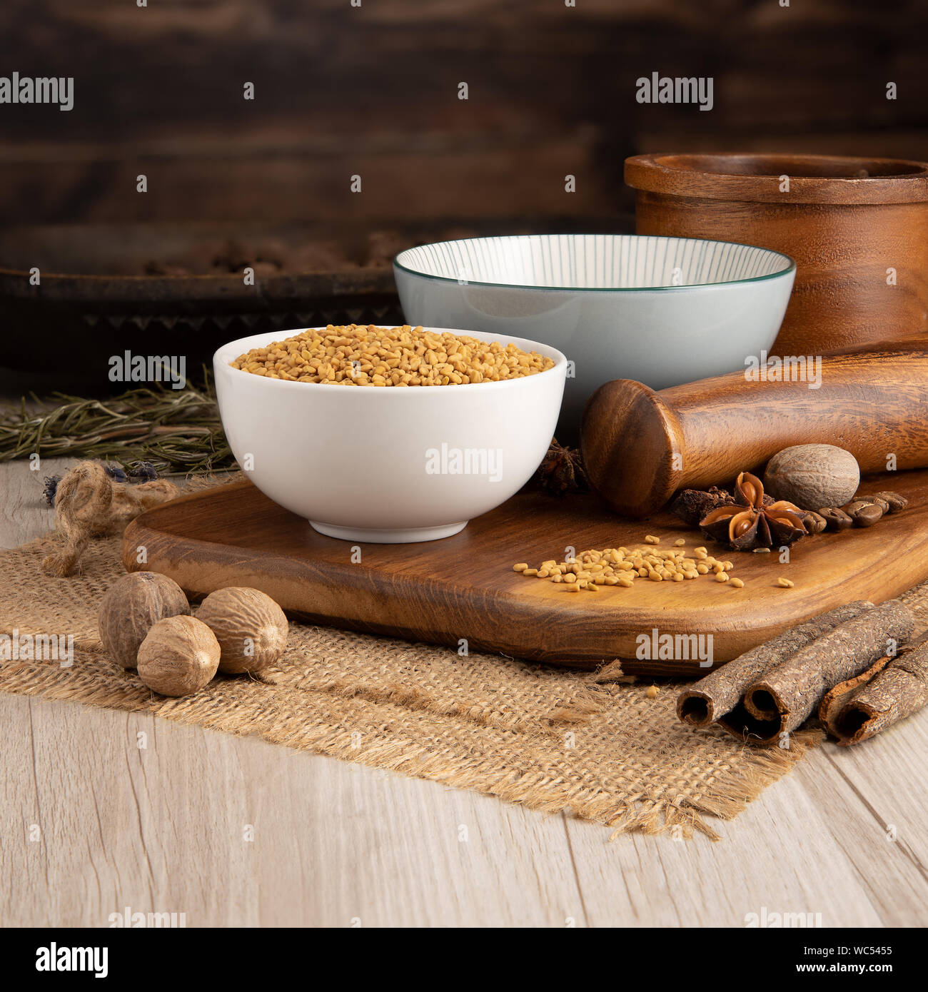 Fenugreek Seeds in a bowl and food preparation and kitchen setting