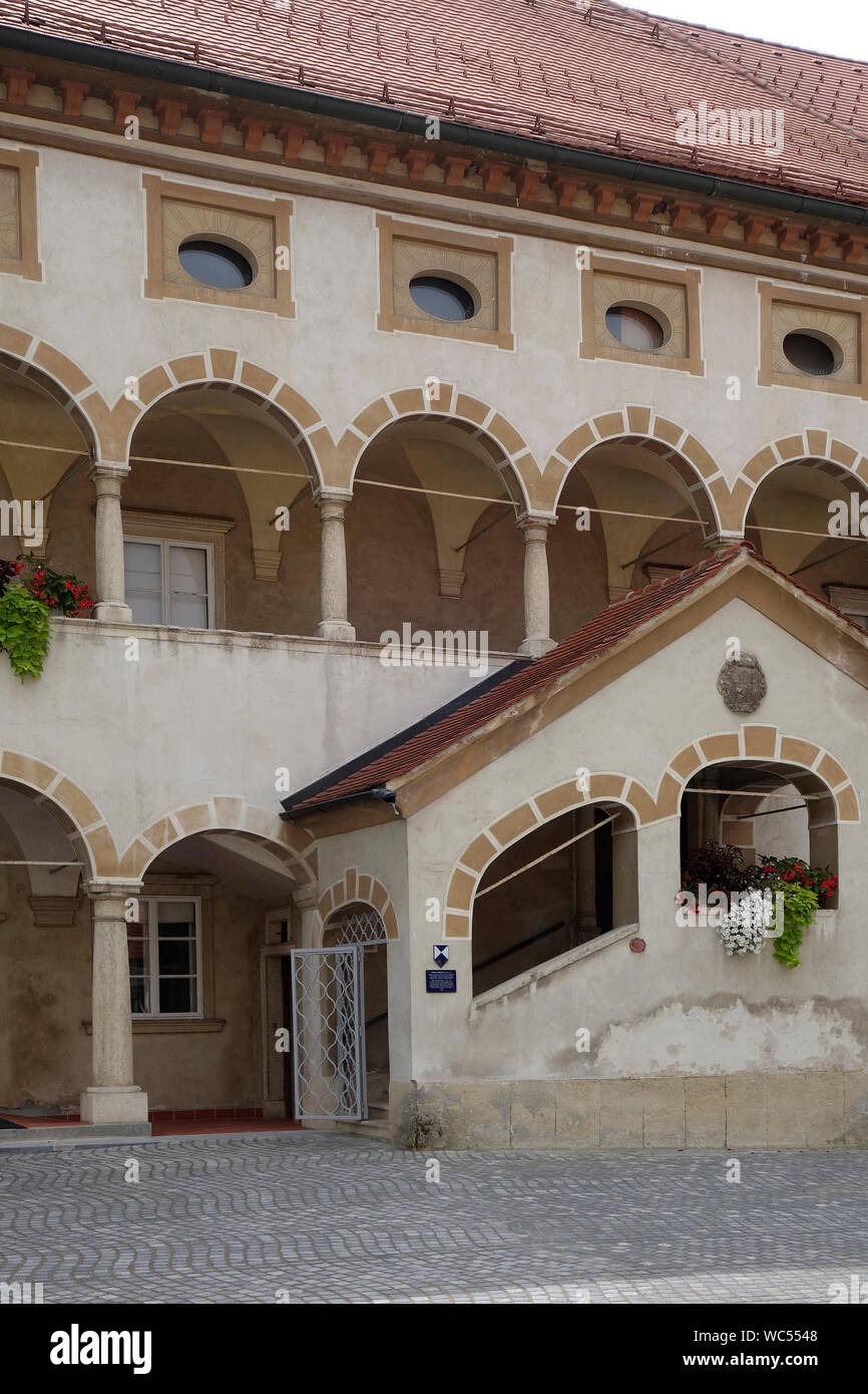Slovenia, Celje, Arcaded balconies and main entrance / staircase of ...