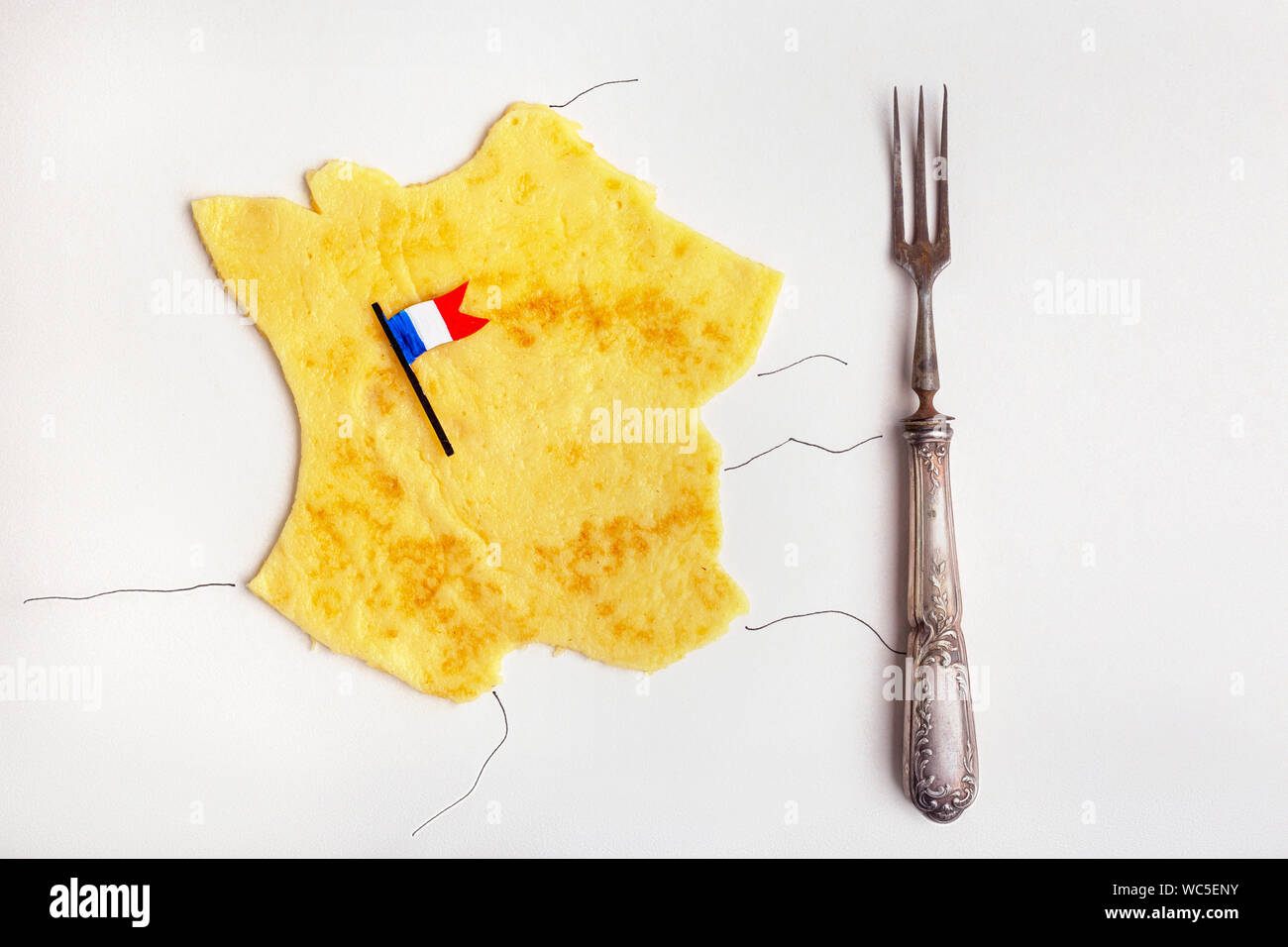 French cuisine concept pancake in form of France with French flag on