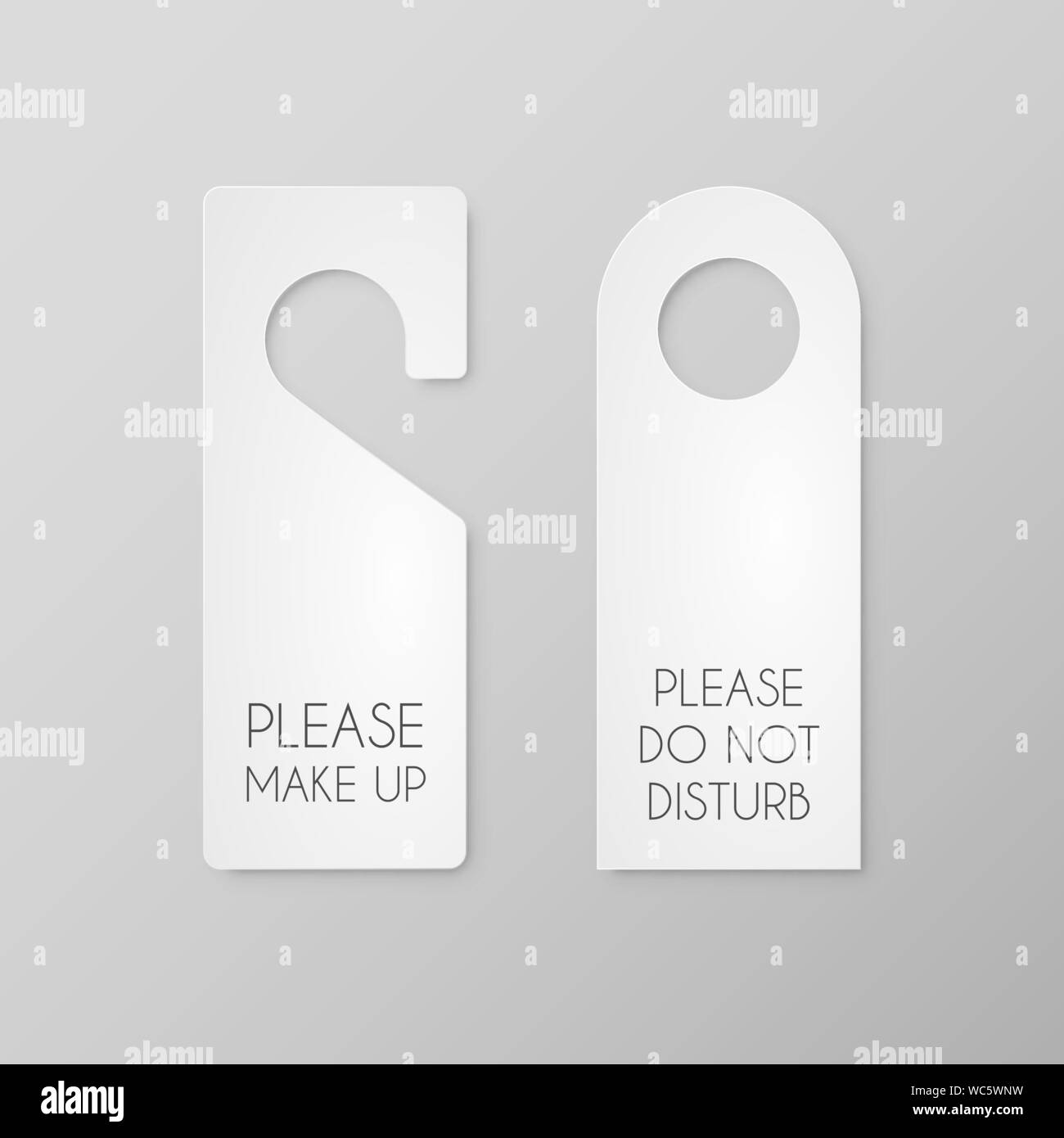Vector Set of White Blank Paper. Hotel door hanger tags Isolated on gray background. Stock Vector