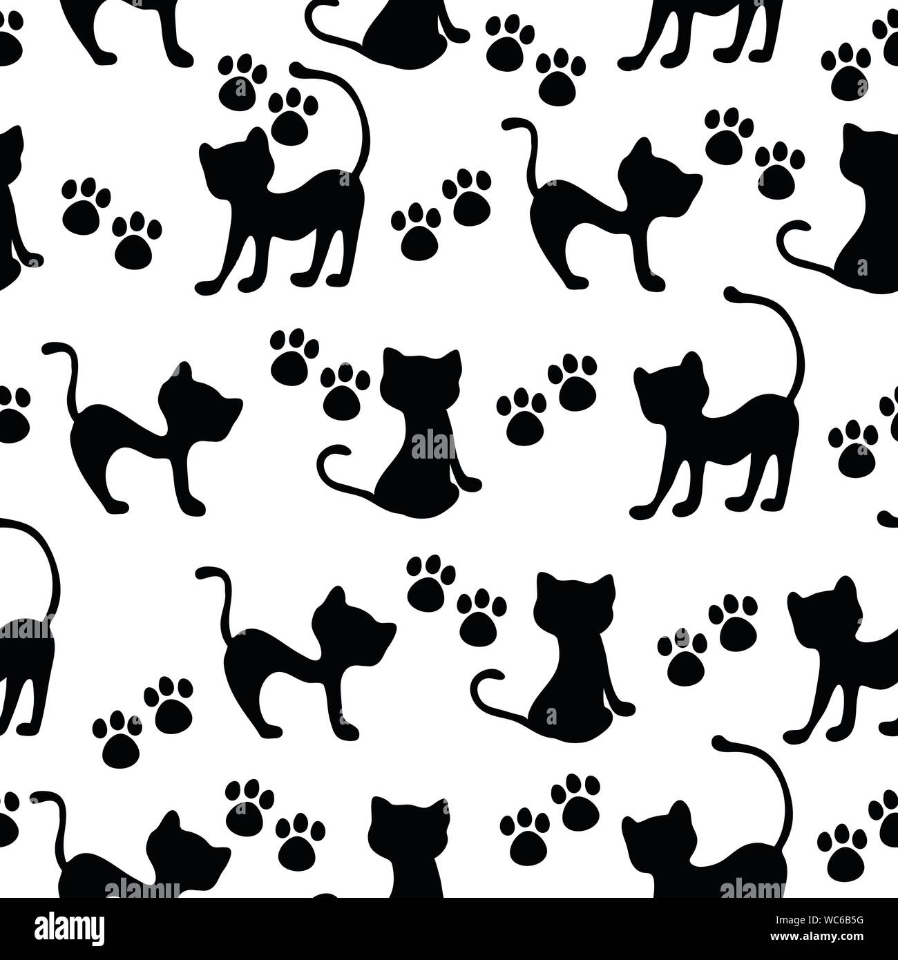 Hand-drawn black cats and paws vector seamless pattern Stock Vector ...