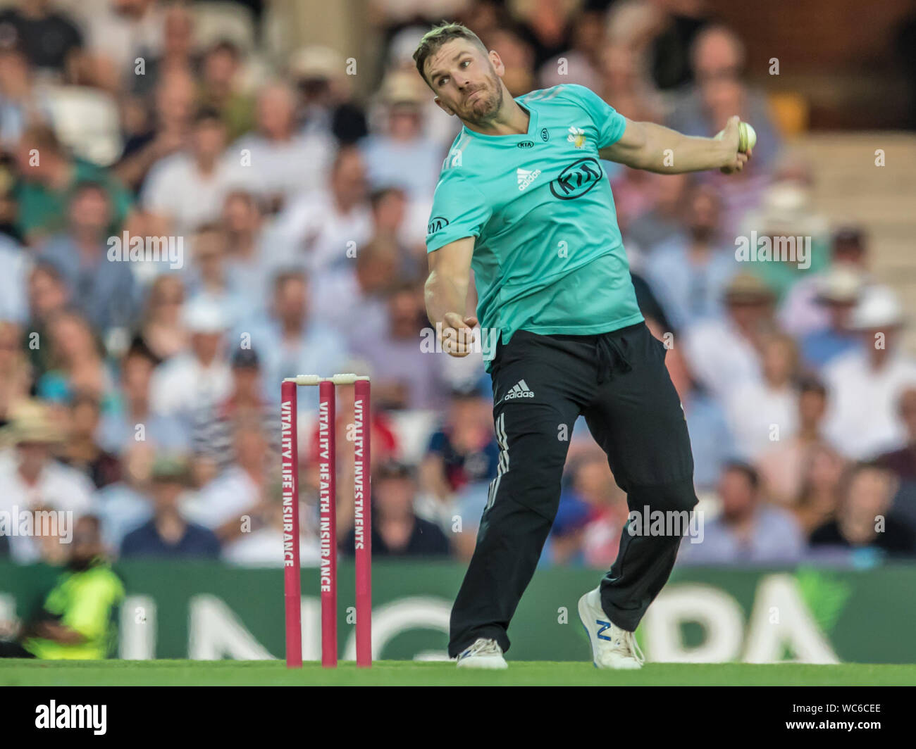 London, UK. 27 August, 2019.Aaron Finch bowling for Surrey against Somerset in the Vitality T20 Blast match at the Kia Oval. David Rowe/Alamy Live News Stock Photo