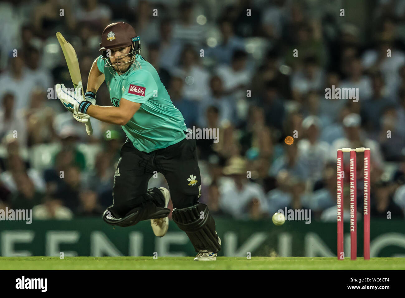 London, UK. 27 August, 2019.. Aaron Finch takes a  quick single batting as Somerset take on Surrey in the Vitality T20 Blast match at the Kia Oval. David Rowe/Alamy Live News Stock Photo