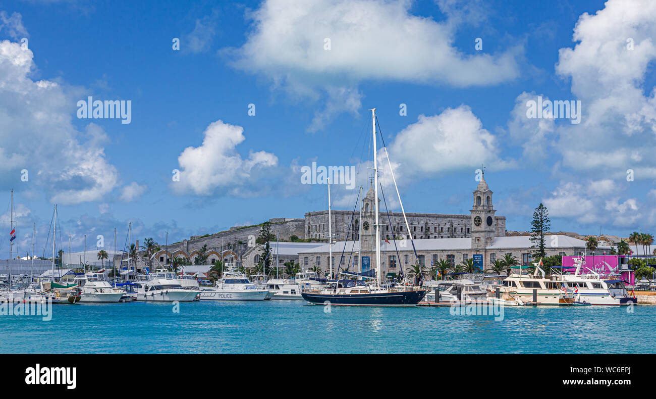 Sailboats and Yachts at the Old Naval Dockyard in Bermuda Stock Photo