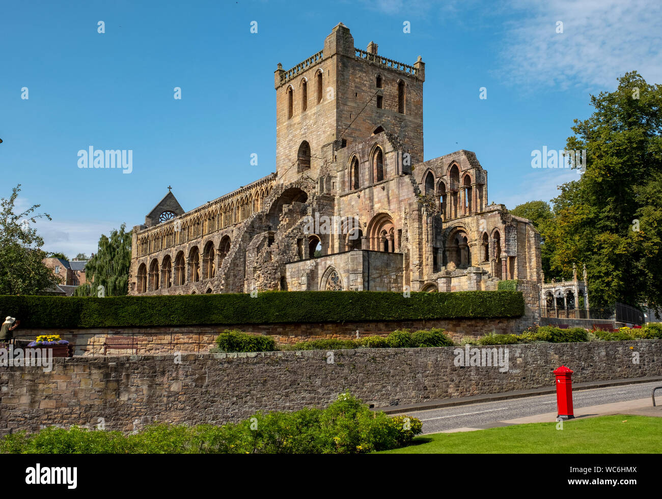 Jedburgh Abbey, a ruined Augustinian abbey which was founded in the 12th century and  is situated in the town of Jedburgh, in the Scottish Borders. Stock Photo