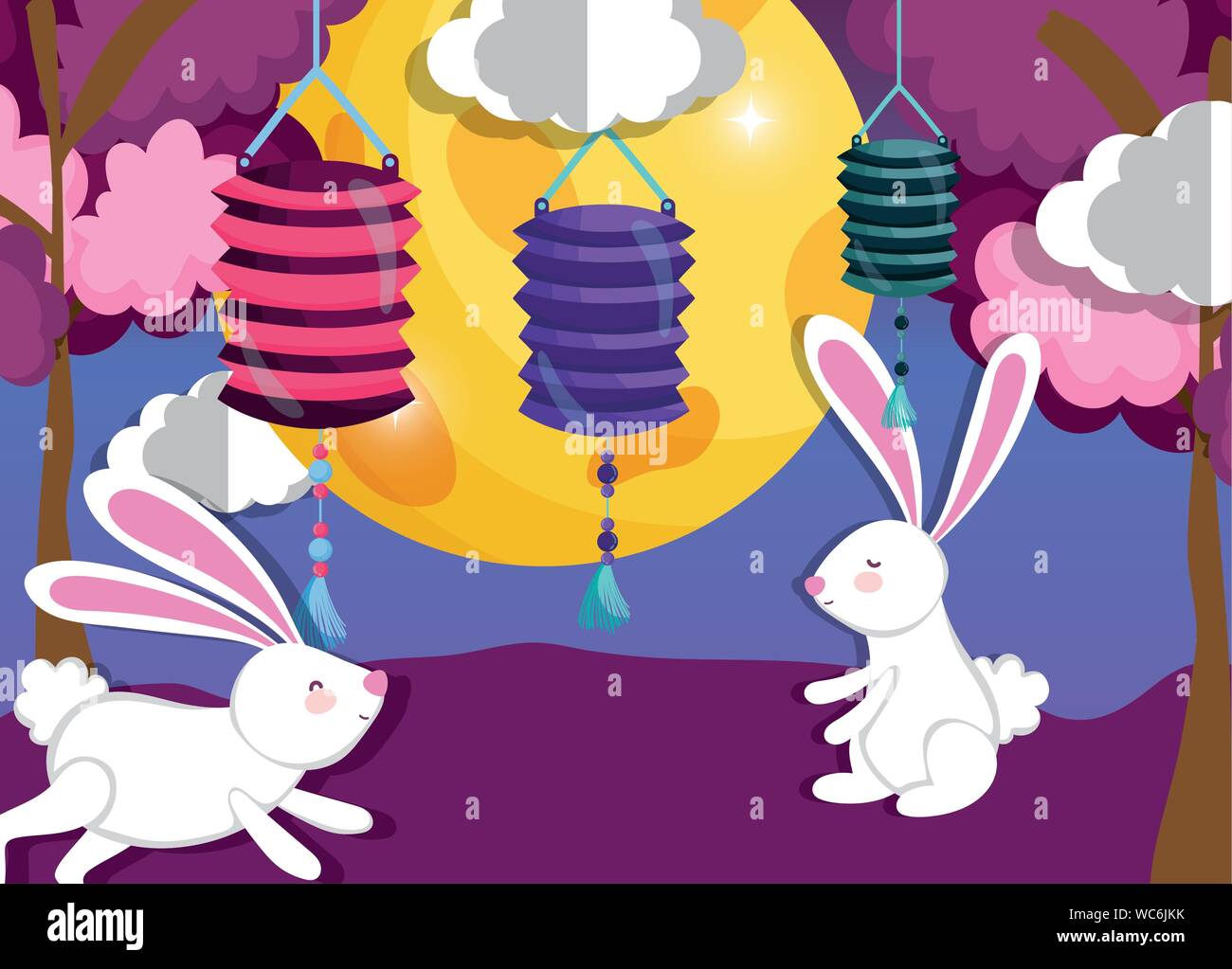Moon Rabbit Tree Vector rabbits oriental lantern tree decoration happy moon festival vector ...
