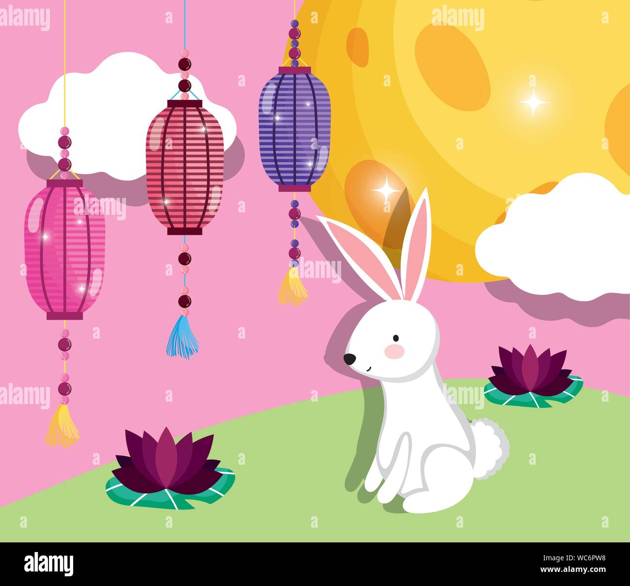 decorative lanterns flowers and rabbit happy moon festival vector ...