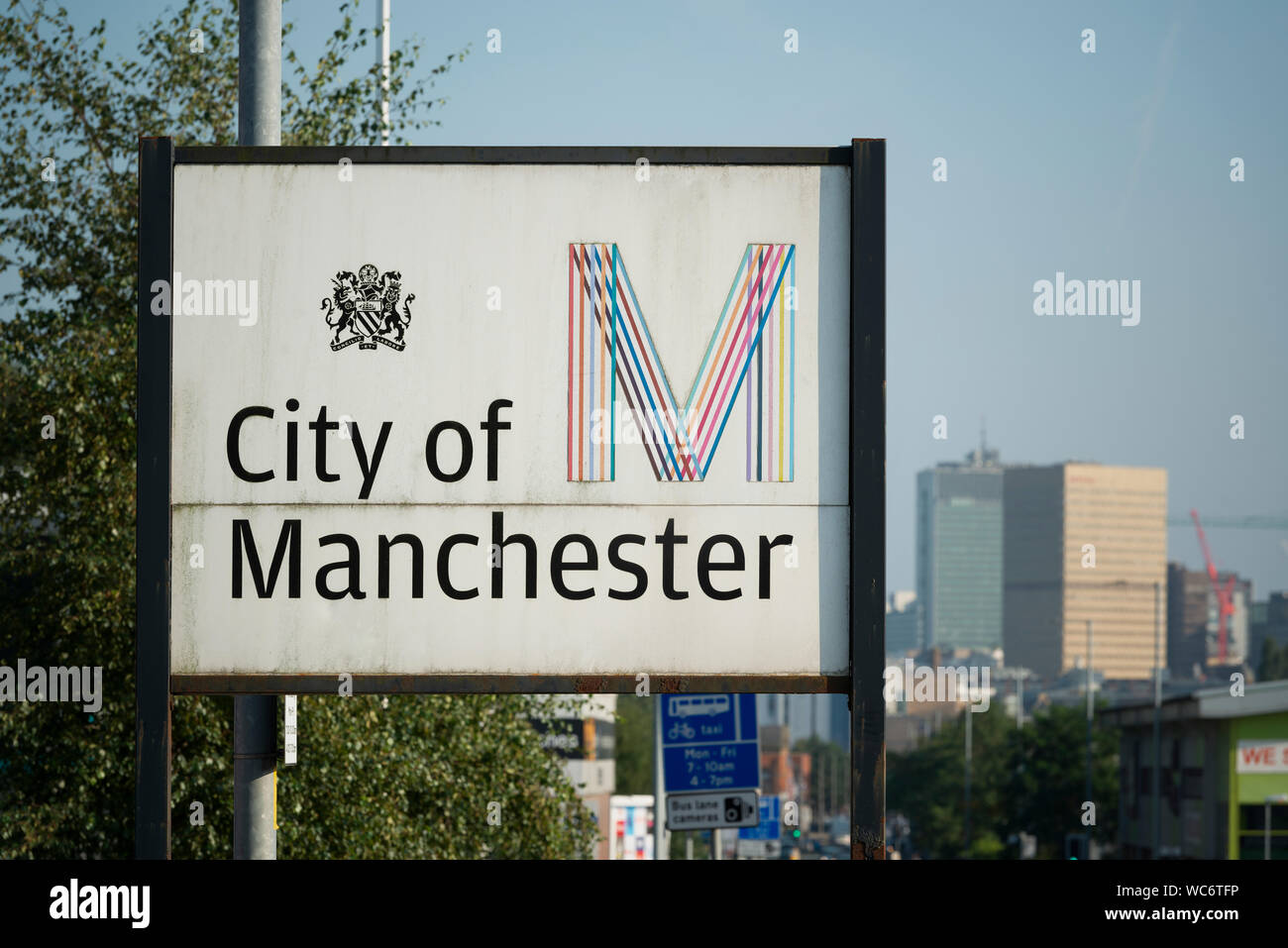 Signage reading 'City of Manchester' located on Bury New Road in the north of the city. Stock Photo