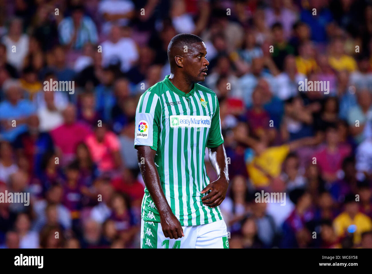 BARCELONA - AUG 25: William Carvalho plays at the La Liga match between FC Barcelona and Real Betis at the Camp Nou Stadium on August 25, 2019 in Barc Stock Photo
