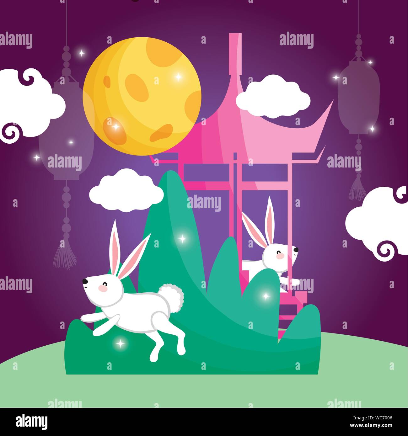 rabbits lanterns temple outdoor happy moon festival vector illustration