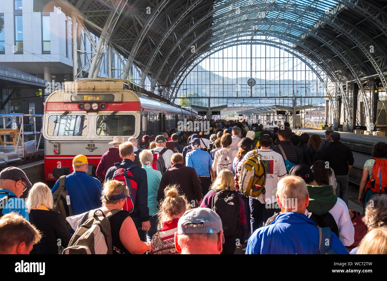 Tourists at the station of Bergen, glass dome roof, train, Bergen, Hordaland, Norway, Scandinavia, Europe, Bergen, NOR, travel, tourism, destination, Stock Photo