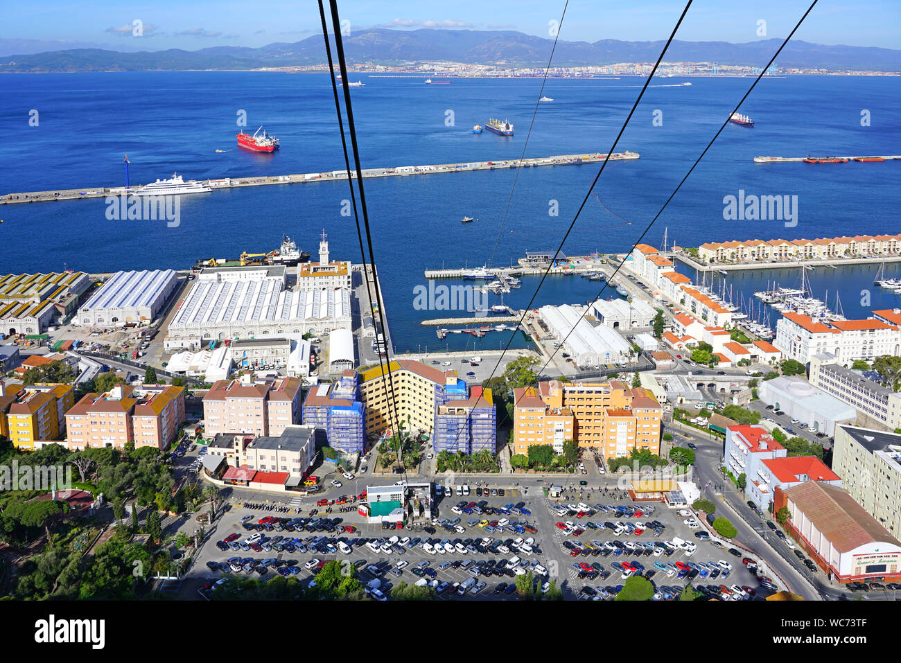 GIBRALTAR, UNITED KINGDOM 28 APR 2019 View of cable car lines for the