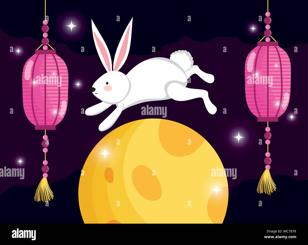 rabbit and lanterns decoration happy moon festival vector illustration ...