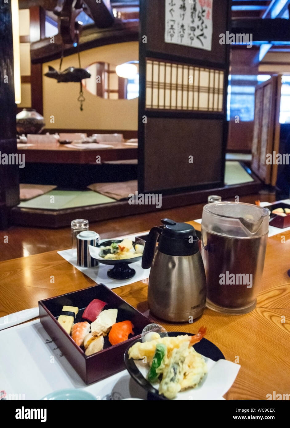 A seafood bento box and fried tempura for a traditional Japanese lunch
