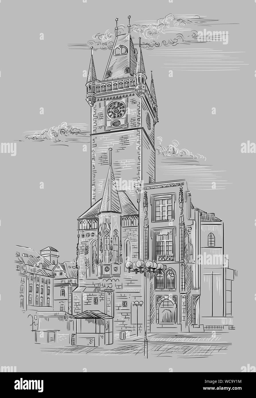 Vector hand drawing Illustration of Old Town Hall in Prague. Landmark of Prague, Czech Republic. Vector illustration in black and white colors isolate Stock Vector