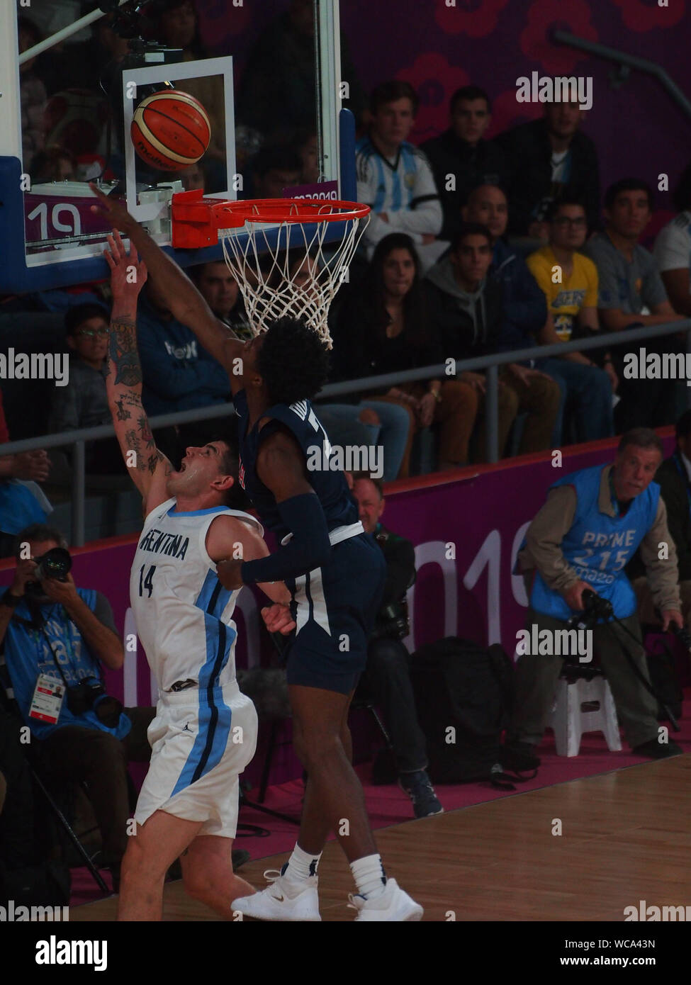 Basketball; Gabriel Deck from Argentina and David Duke from USA in action during the match between Argentina and USA at the Lima 2019 Pan American Games Stock Photo