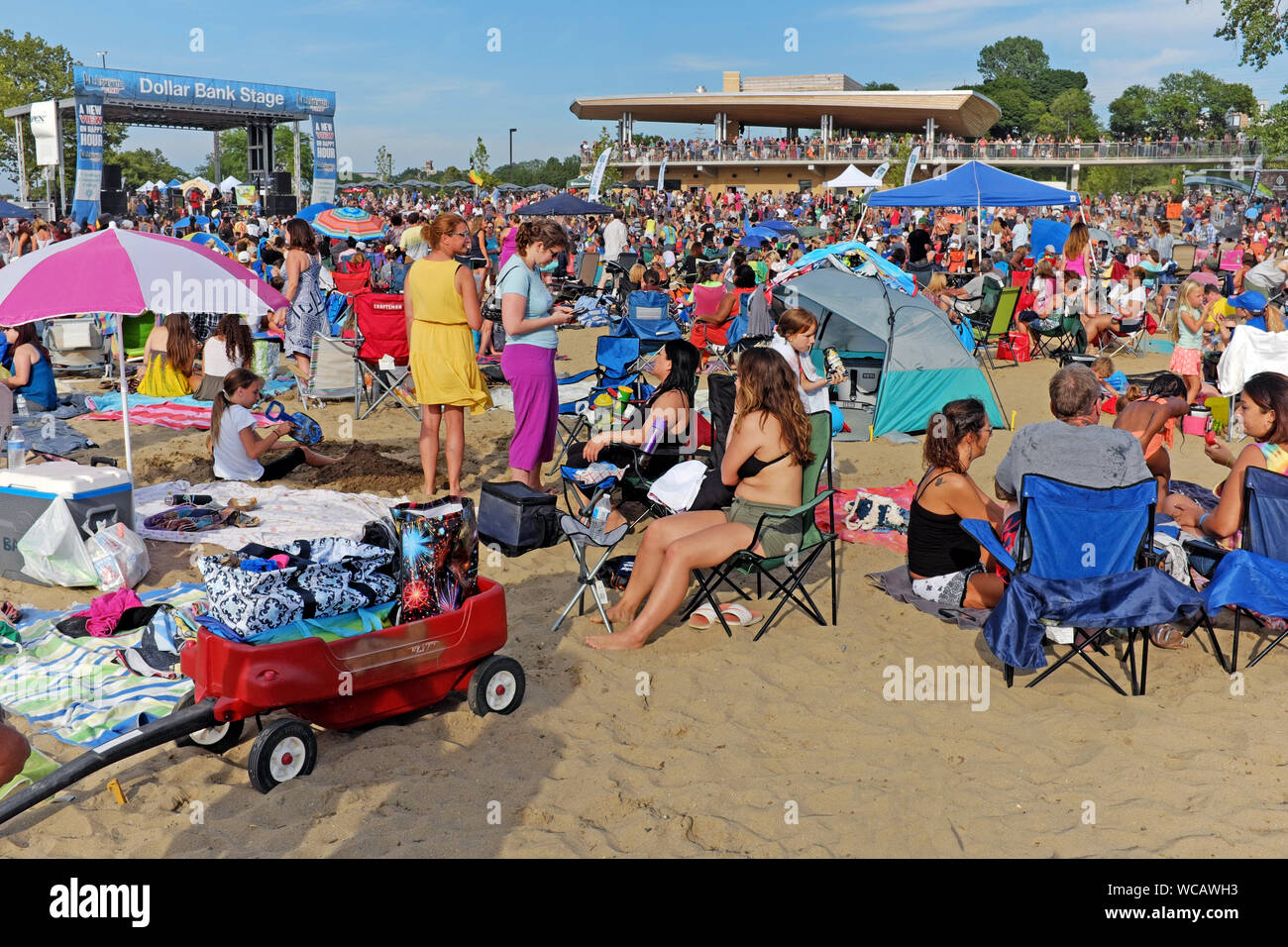 Crowds fill Edgewater Park and Beach for the summertime weekly concert series in Cleveland, Ohio, USA Stock Photo