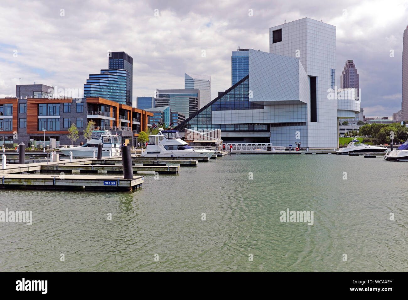 An overcast summer day in the Northcoast Harbor of downtown Cleveland, Ohio, USA. Stock Photo