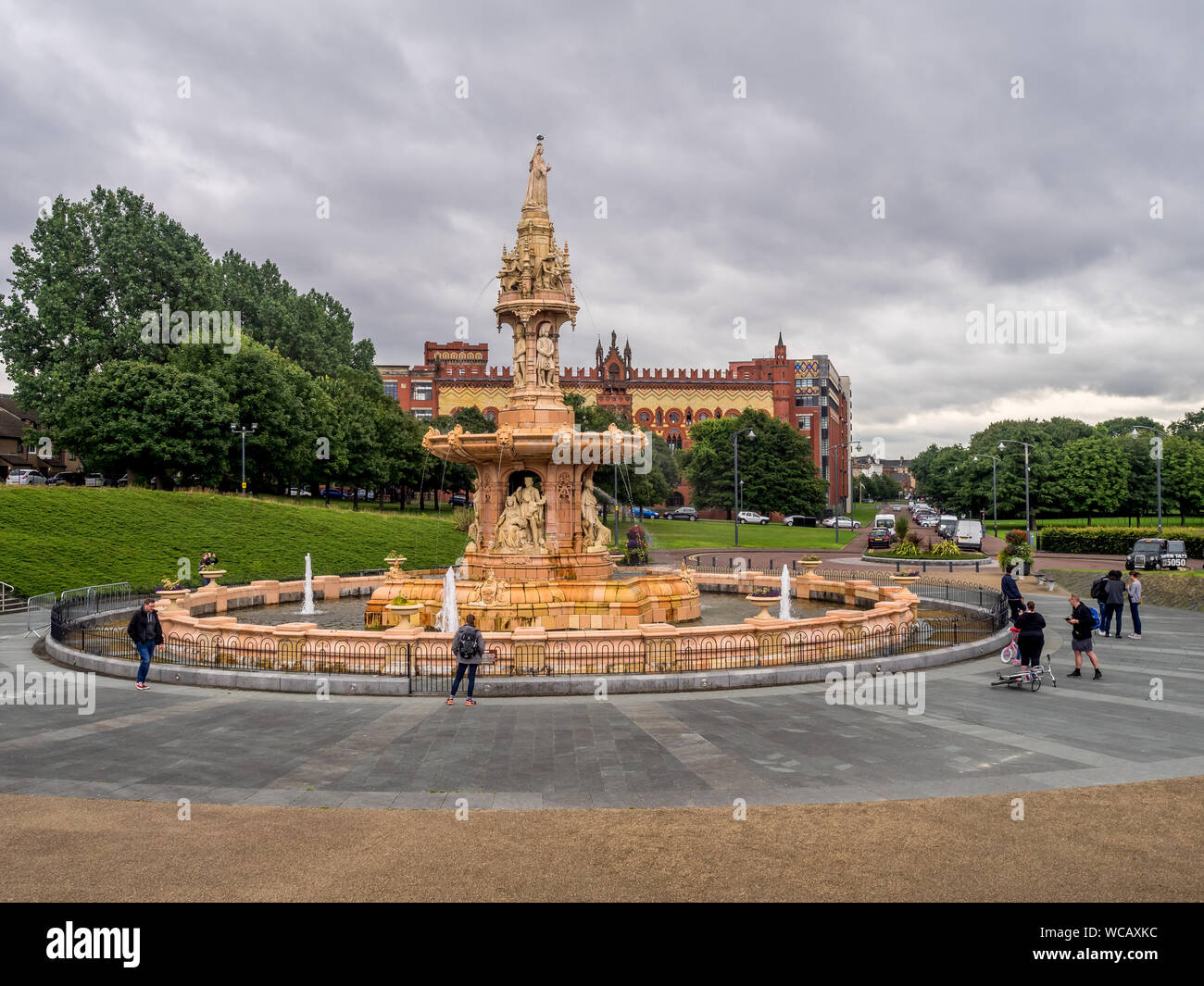 The Doulton Fountain on July 21, 2017 in Glasgow, Scotland. It was built in 1888 located near the People's Palace museum. The Templeton Carpet factory Stock Photo