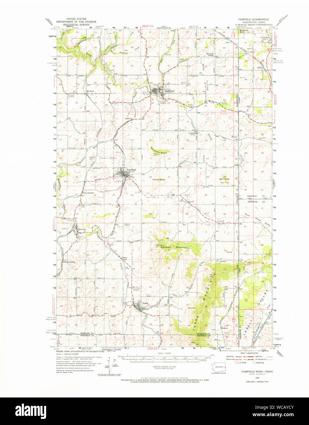 USGS Topo Map Washington State WA Fairfield 241102 1954 62500 Restoration Stock Photo
