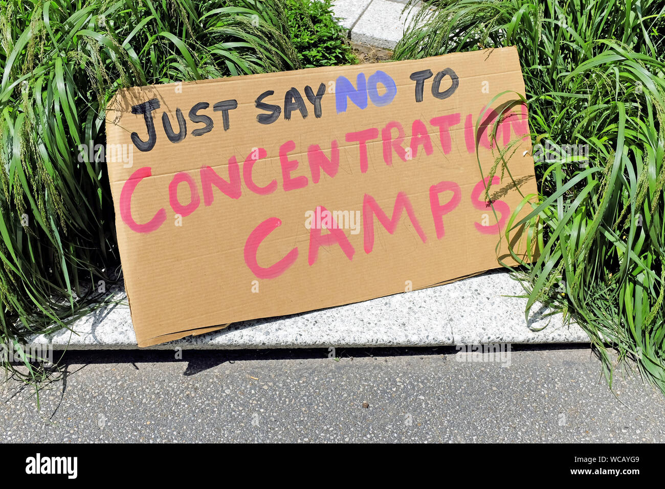 A handmade cardboard sign at a 2018 rally against the Trump Administration treatment of immigrants states 'Just Say No to Concentration Camps'. Stock Photo